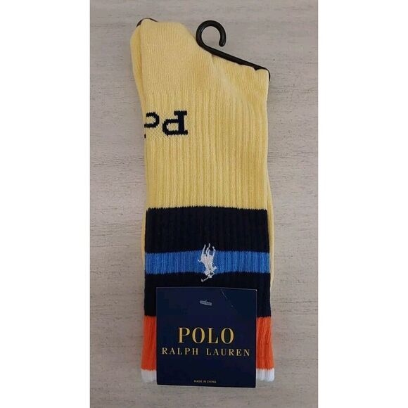 Polo Ralph Lauren Mens Cotton Crew Socks Signature Yellow Navy Striped Sz 10-13 - Picture 1 of 9